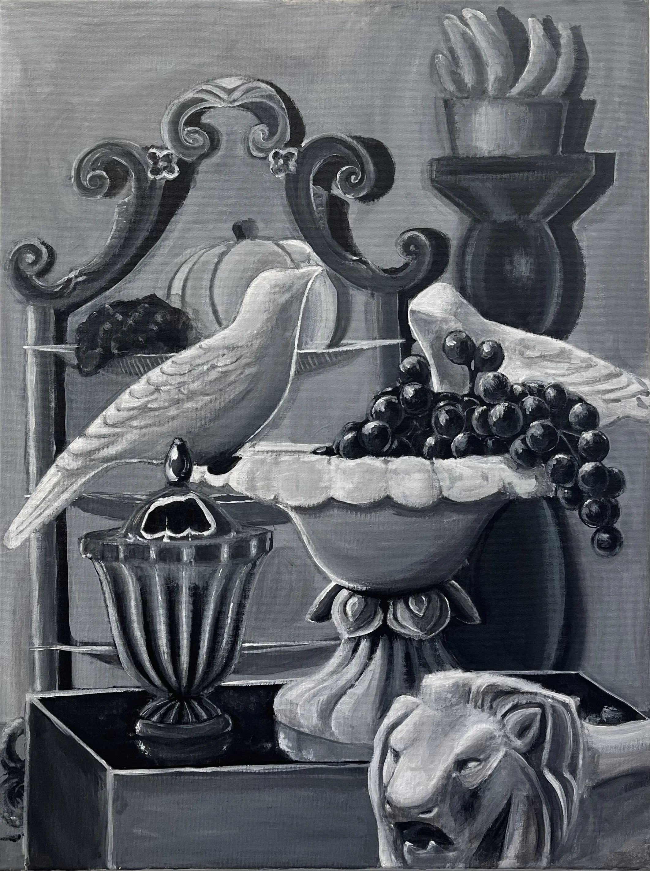 Monochromatic Still Life in Black and White, 18 x 24 in, oil on canvas, 2024