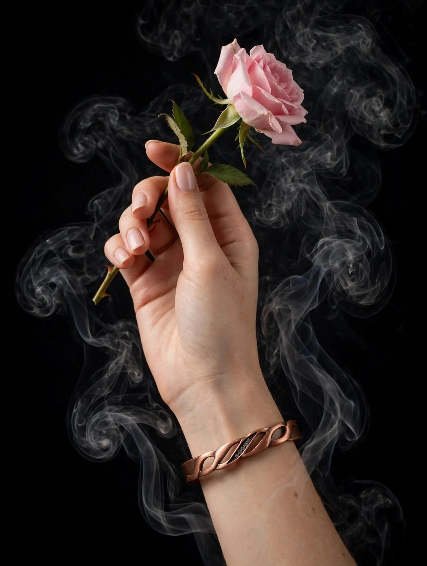 A hand holding a pink rose with smoke swirling around it against a black background.