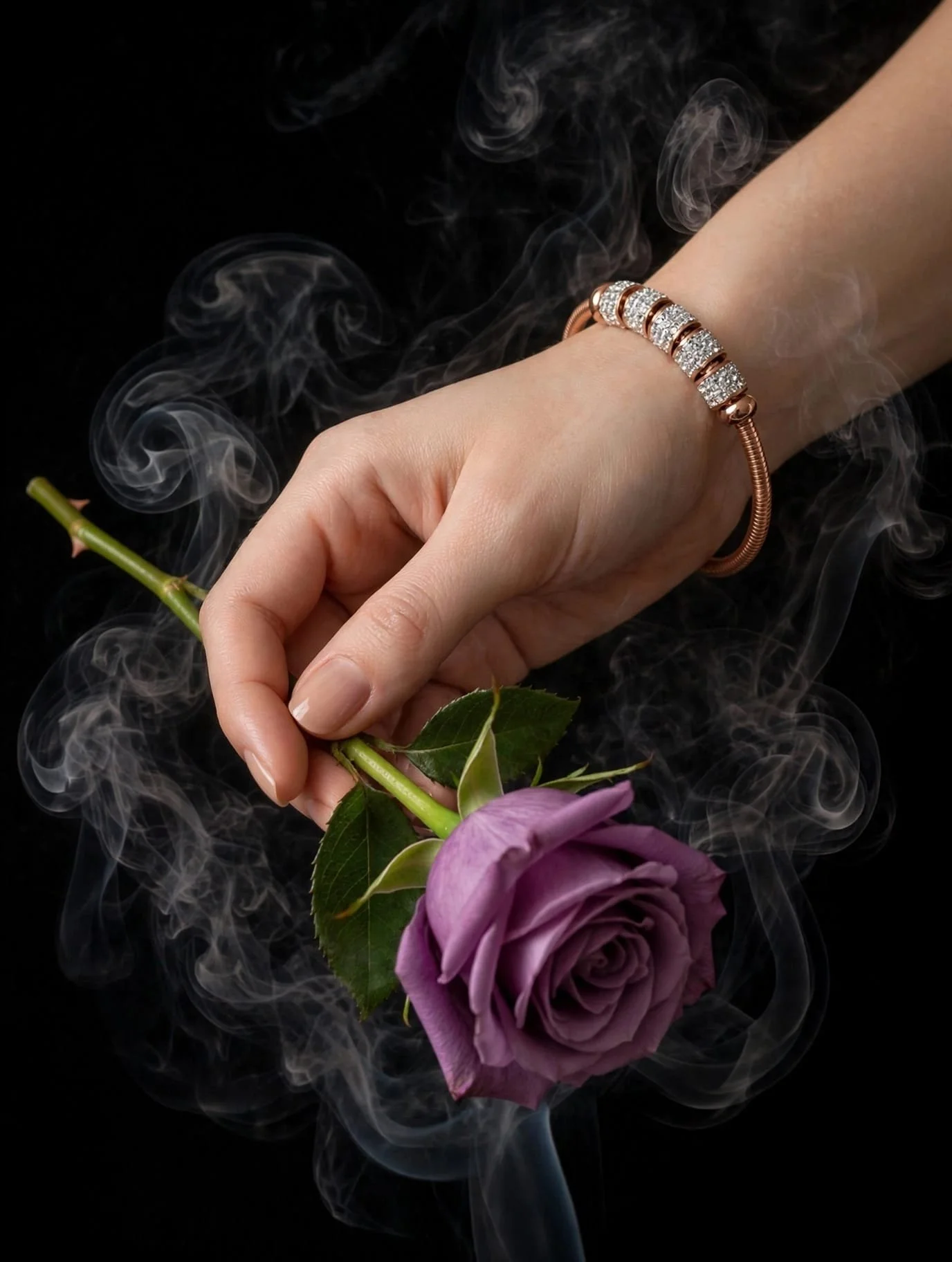 A person's hand holding a purple rose with green leaves, wearing a gold bracelet with diamond-like stones, surrounded by swirling smoke against a black background.