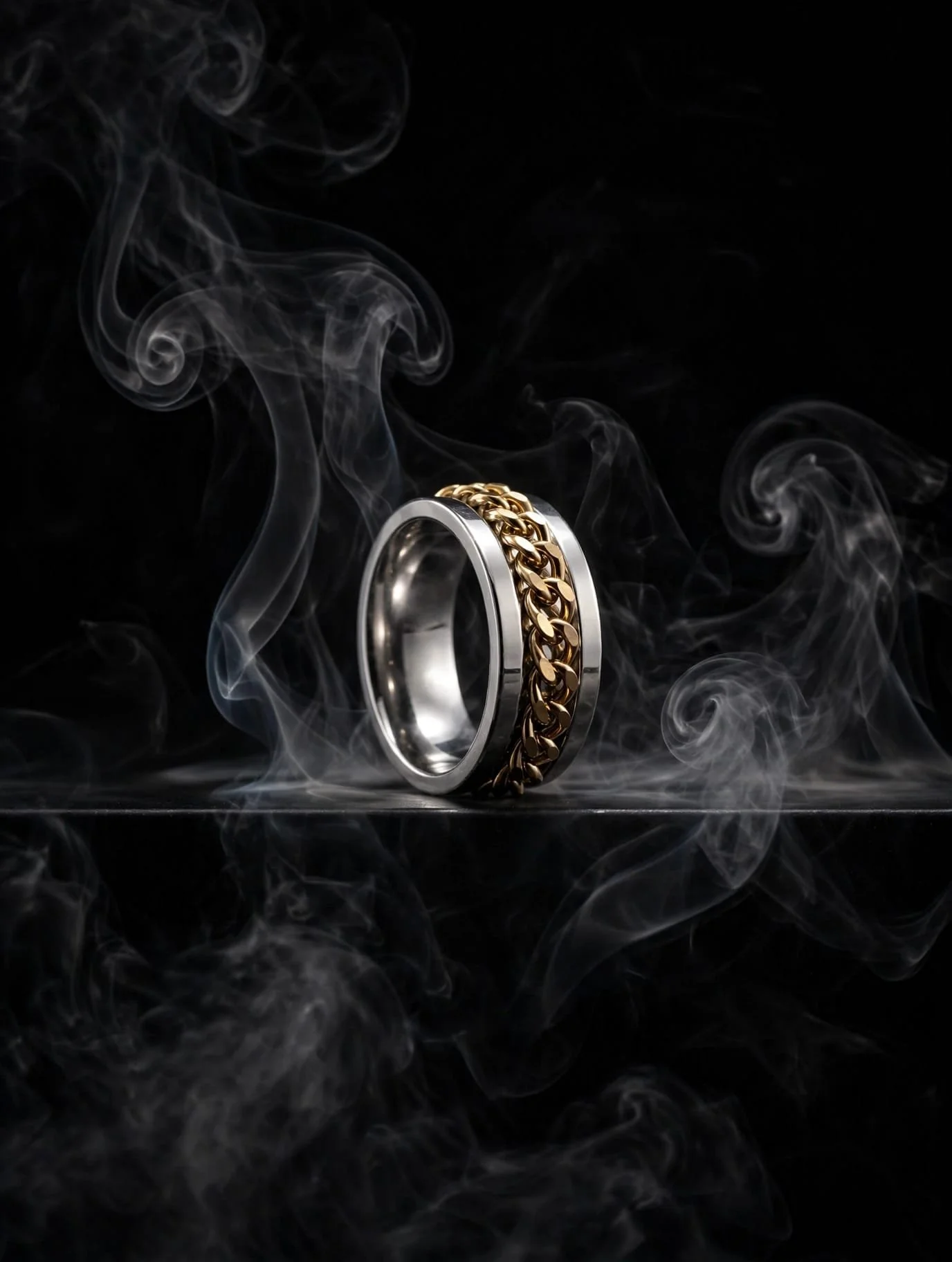 Men's Stainless Steel Ring with Gold Chain Inlay