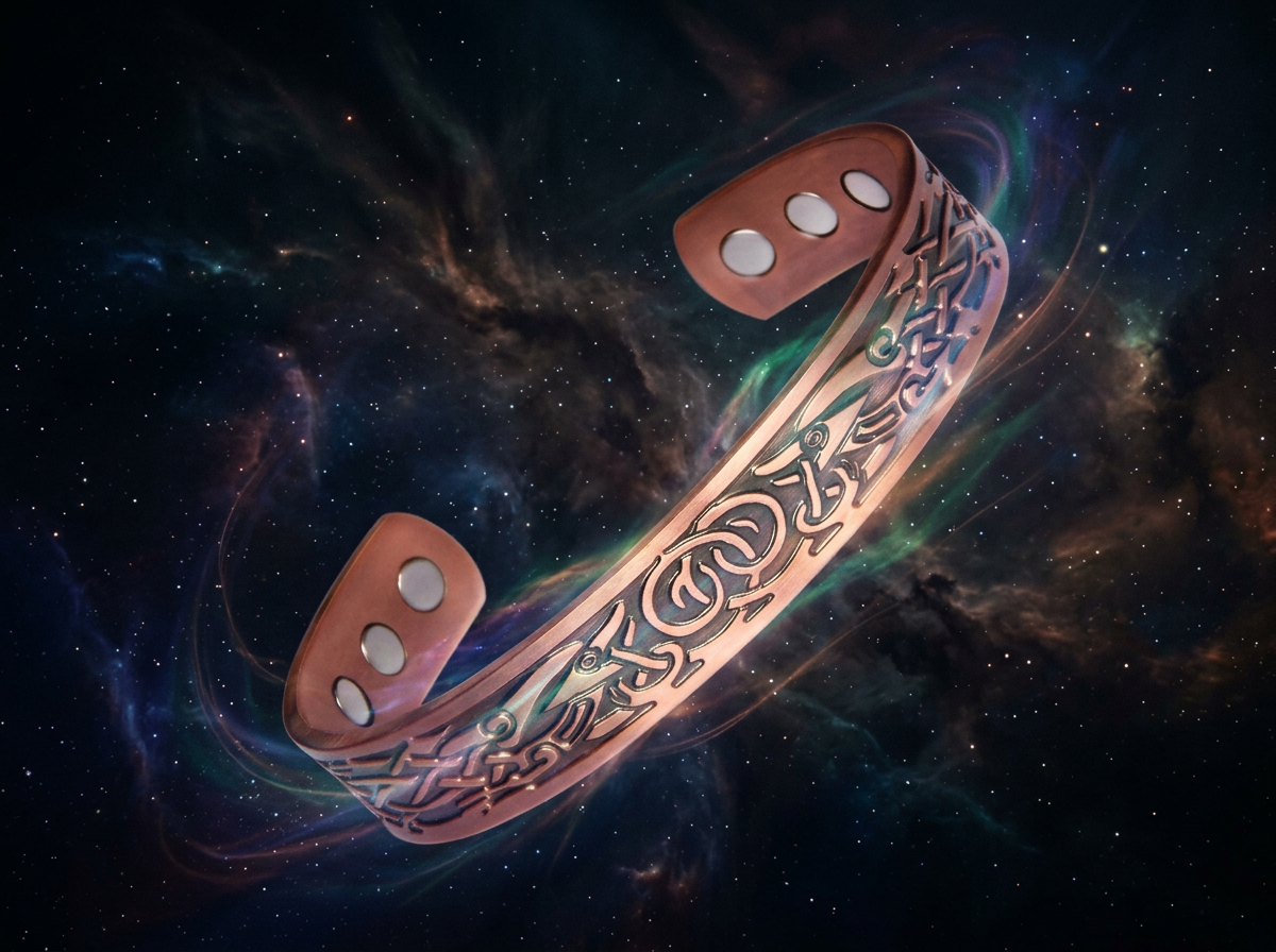A modern, ornamental bracelet with intricate Celtic designs, floating in space against a cosmic background with stars, nebulae, and colorful nebula clouds.