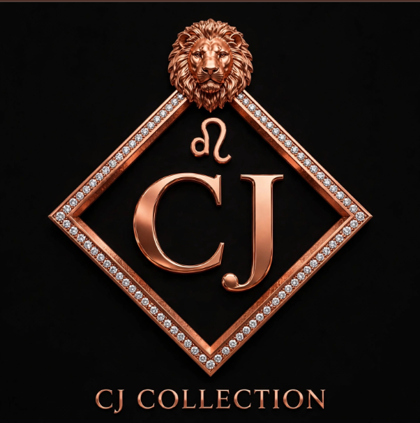 A decorative emblem featuring a lion's head above a diamond-shaped frame encrusted with diamonds, with the initials 'CJ' inside and a small zodiac symbol above, set against a black background, with the text 'CJ Collection' below.