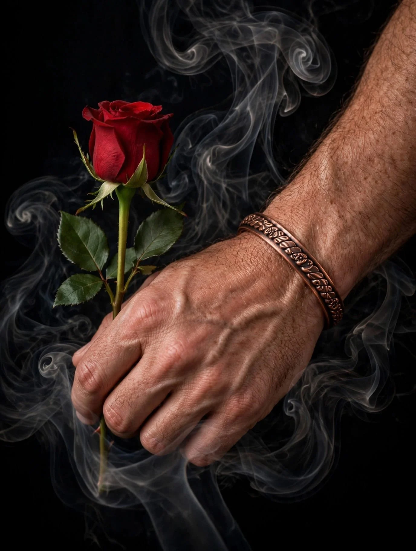 An elderly hand wearing a copper bracelet holding a red rose with green leaves, surrounded by swirling smoke or mist against a black background.
