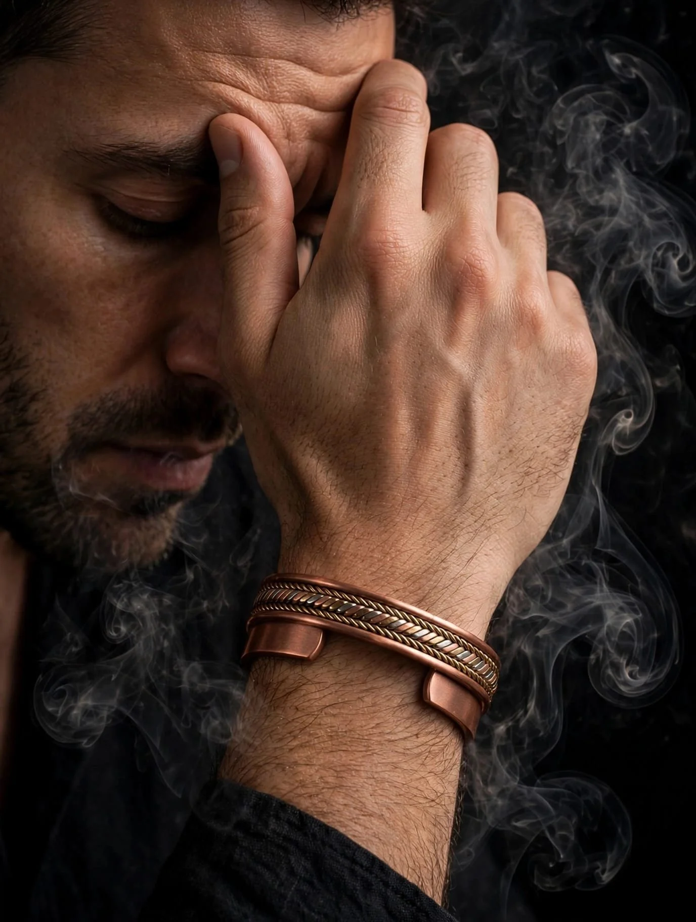 Close-up of a man with his eyes closed, hands clasped together, and head bowed in prayer or contemplation. He is wearing a copper-colored bracelet and a watch, with wisps of smoke or mist surrounding him.