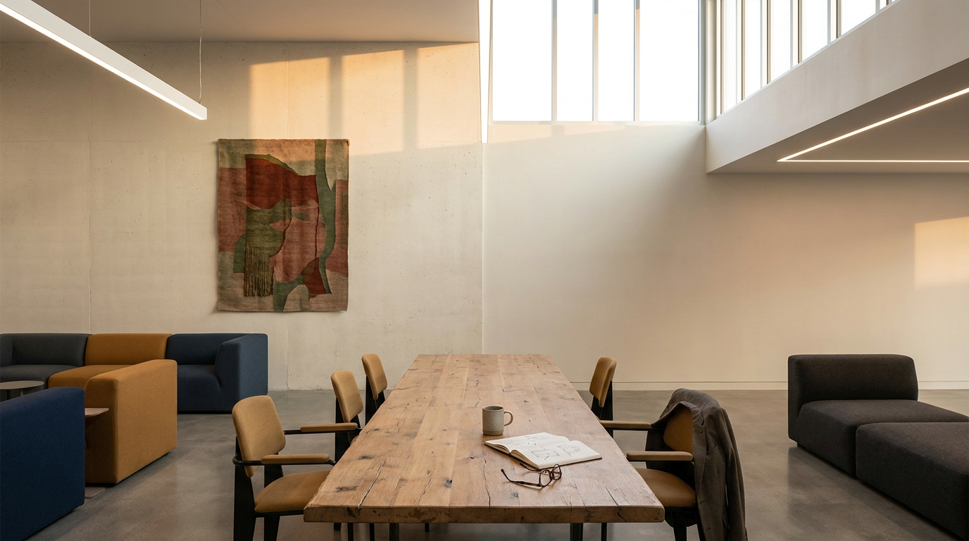 Modern lounge area with a long wooden table, eight chairs, a coffee mug, an open book with glasses, and various contemporary seating options against a beige wall with an abstract tapestry, illuminated by large windows.