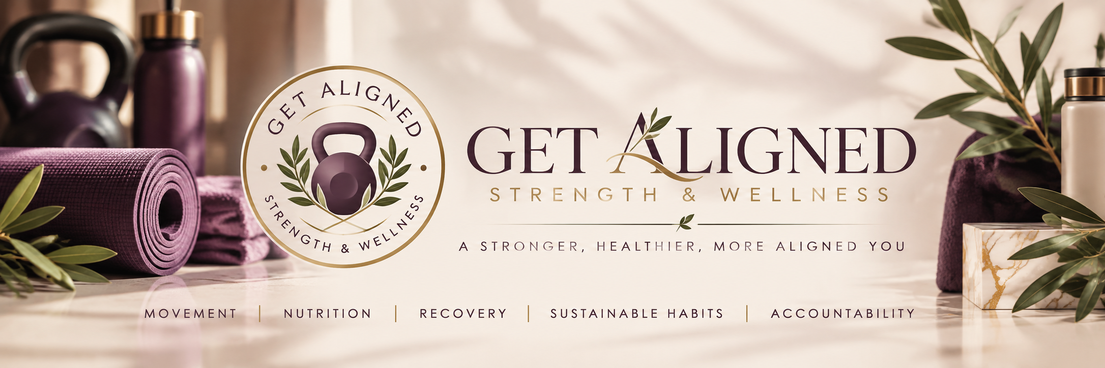 Get Aligned Wellness brand artwork with plum workout equipment and olive branches
