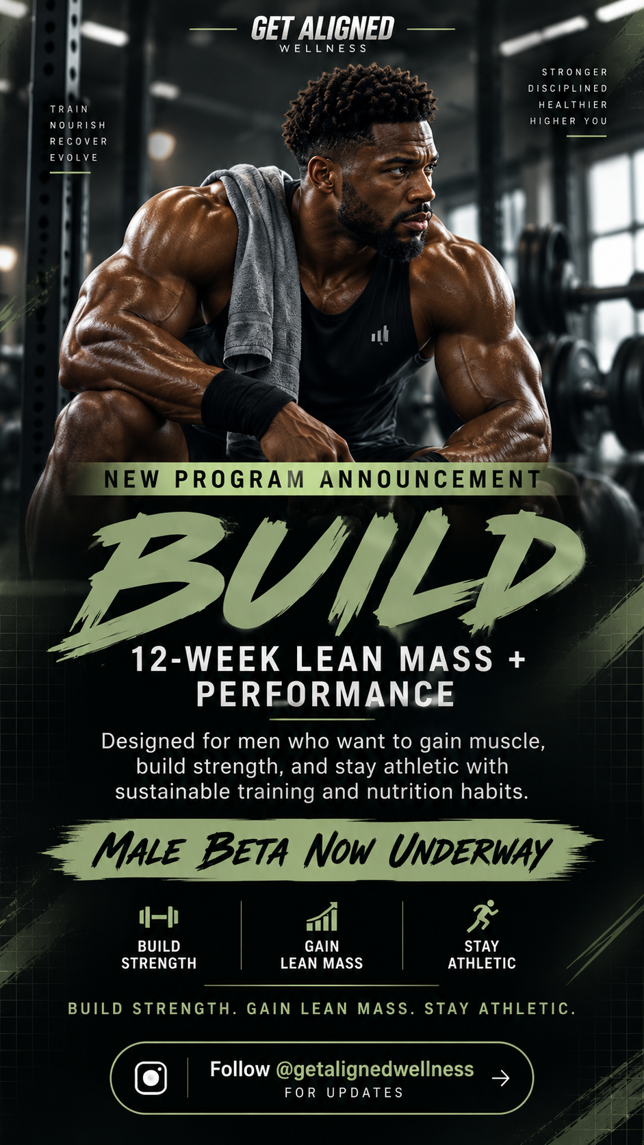 GET ALIGNED: BUILD — 12-week Lean Mass + Performance male beta program, with darker olive and charcoal artwork.