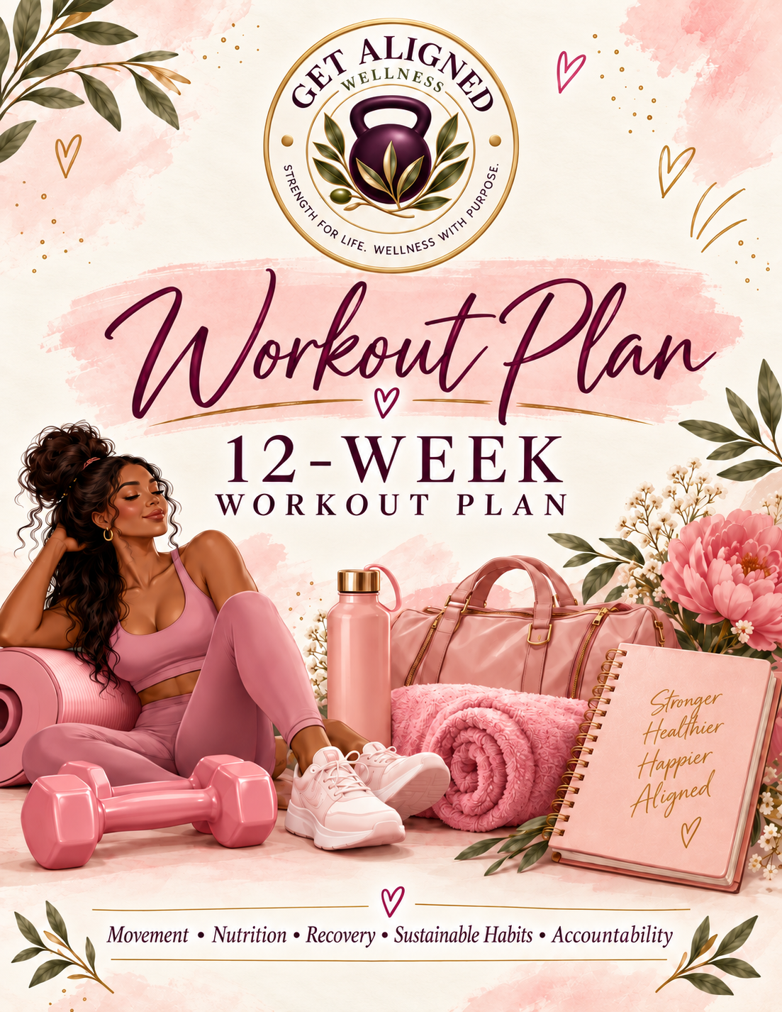 Get Aligned Wellness 12-week workout-plan cover with a woman of color and pink, plum, and botanical accents.