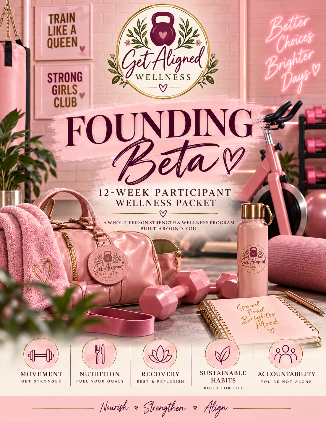 Get Aligned Wellness Founding Beta 12-week participant wellness packet in pink, plum, olive, and gold.