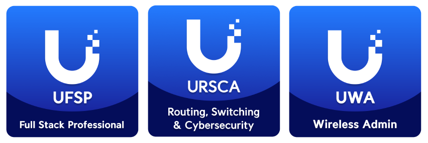 Three blue badges with white text and icons, representing UFSP, URSCA, and UWA programs.