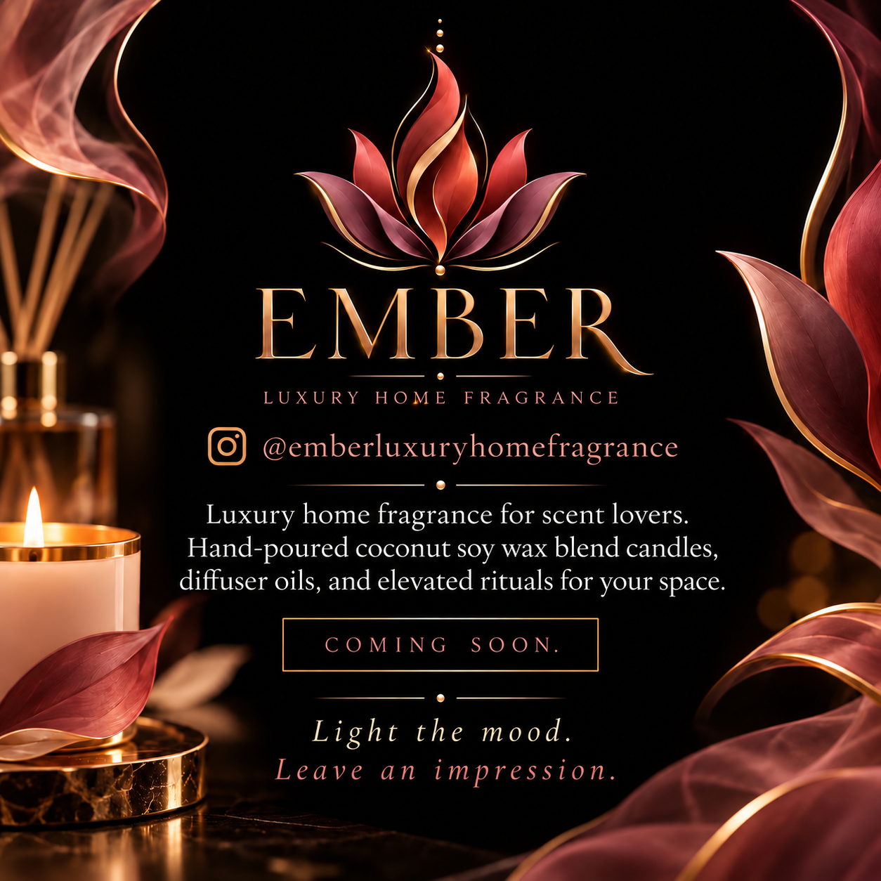 Ember Luxury Home Fragrance flame and lotus logo with a candle and diffuser, coming soon.