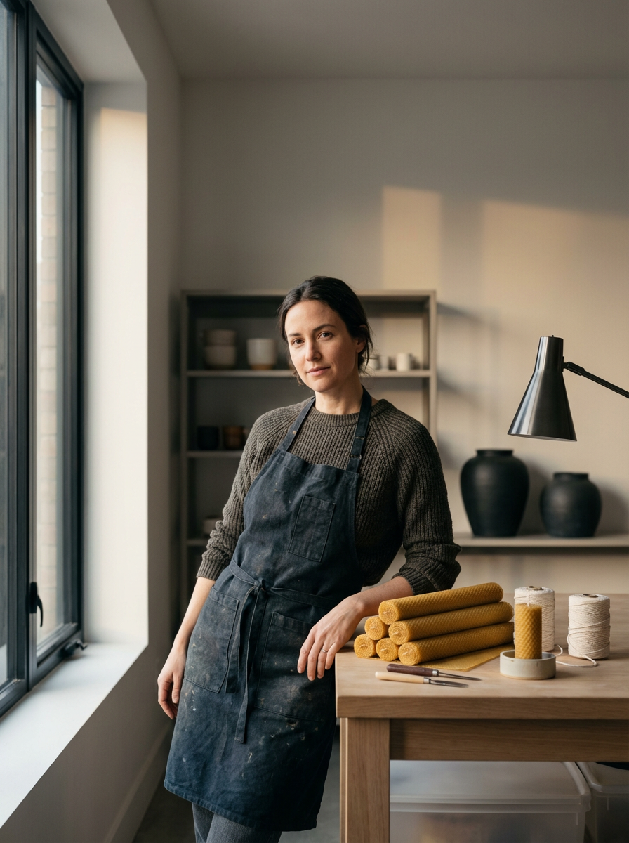 Woman standing in a studio or workshop, wearing a dark apron, with a table that has rolled yellow fabric or paper, threads, and scissors, and shelves with ceramic vases in the background, beside a window.