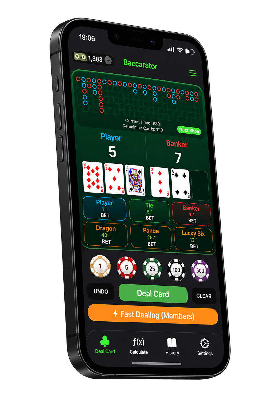 Baccarator fast dealing mode showing baccarat cards, Player and Banker hands, side bets, and betting chips.