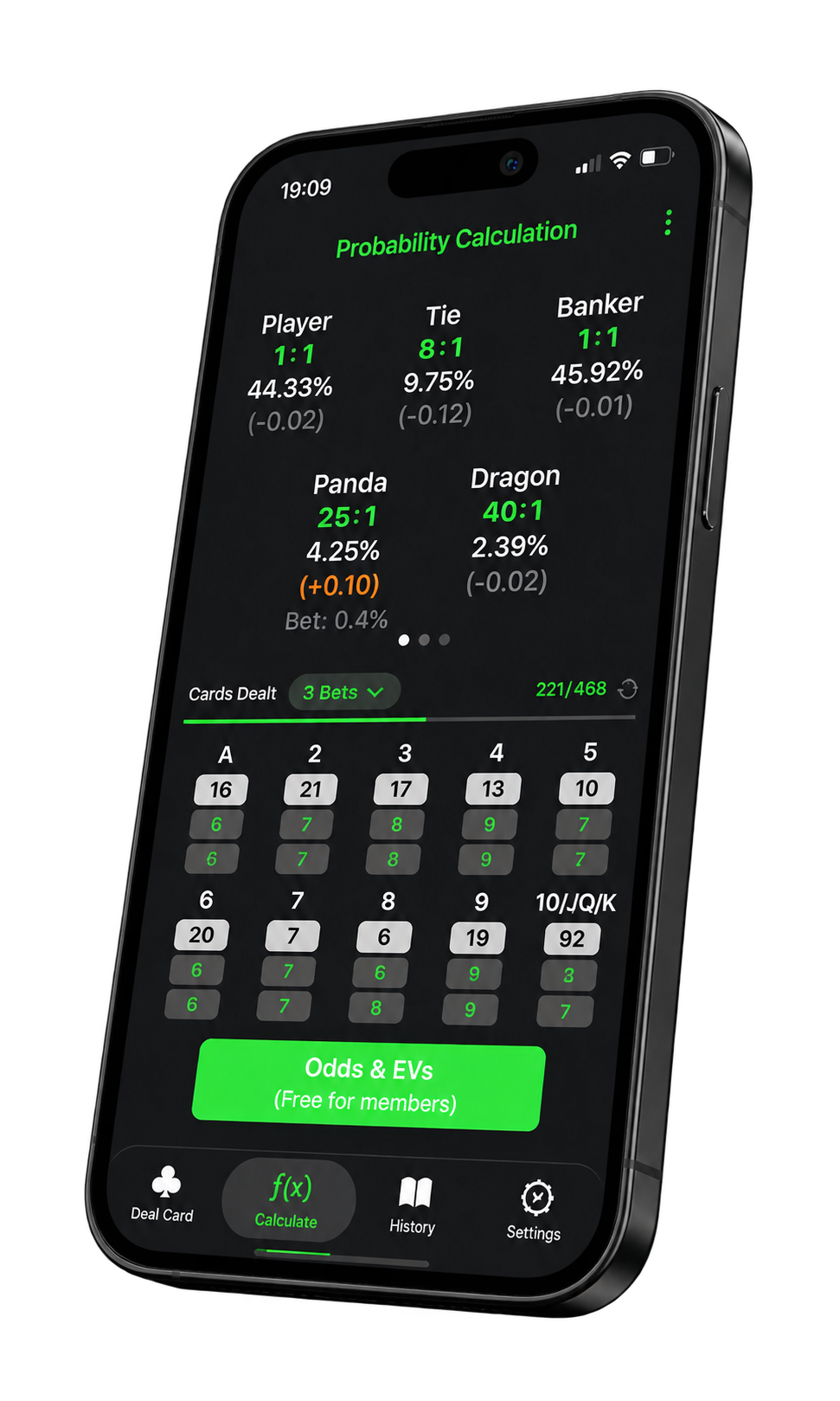 Baccarator probability calculator showing real-time Player, Banker, Tie, Panda, and Dragon probabilities and expected values.