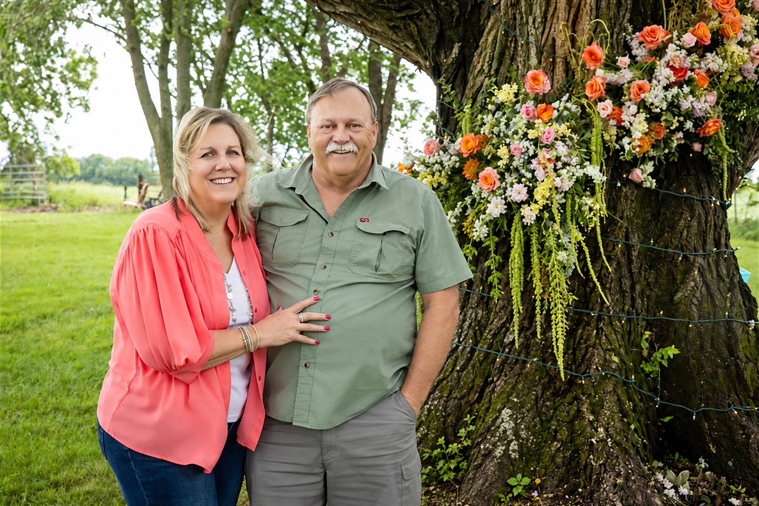 Steve and Sheila, owners of Celebration Rentals, beside a floral wedding backdrop