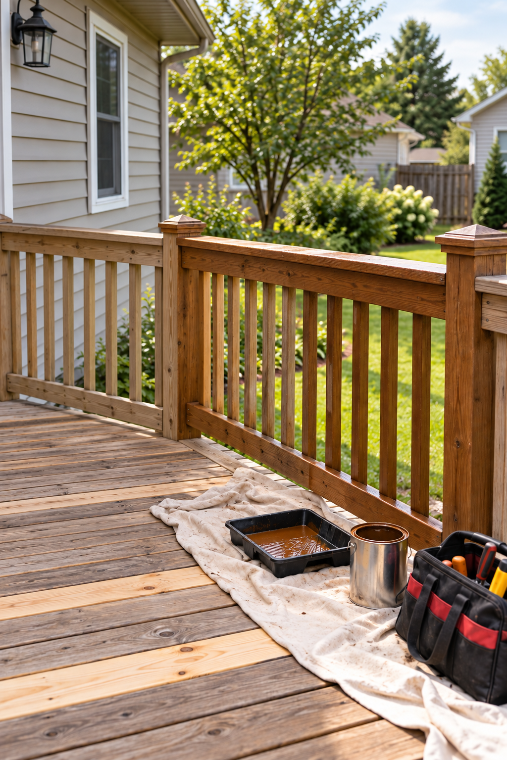 A wooden deck outside a house, with painting supplies and a drop cloth on the floor.