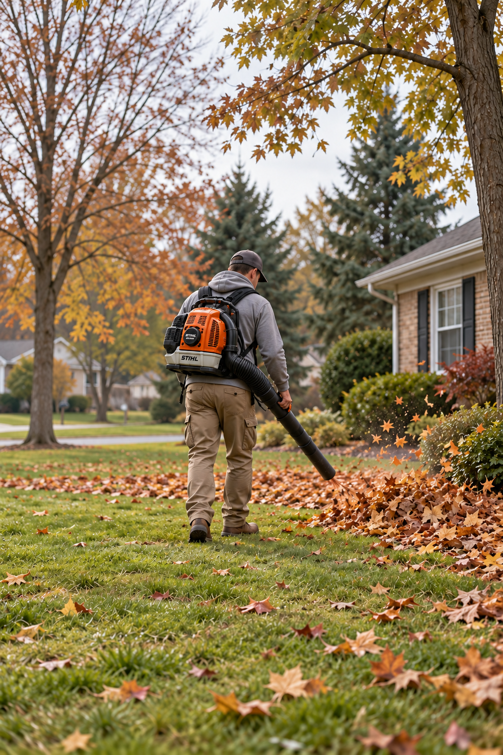 A person wearing a gray hoodie, khaki pants, and a black cap uses a leaf blower to clear fallen leaves from a lawn in a suburban neighborhood during fall.