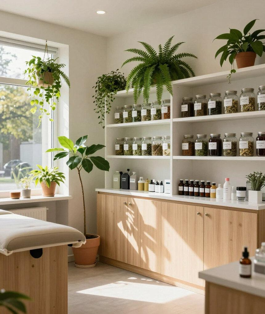 Bright natural medicine consultation room with herbal remedy jars, bottles, wooden cabinets, open shelving, and lush potted plants.