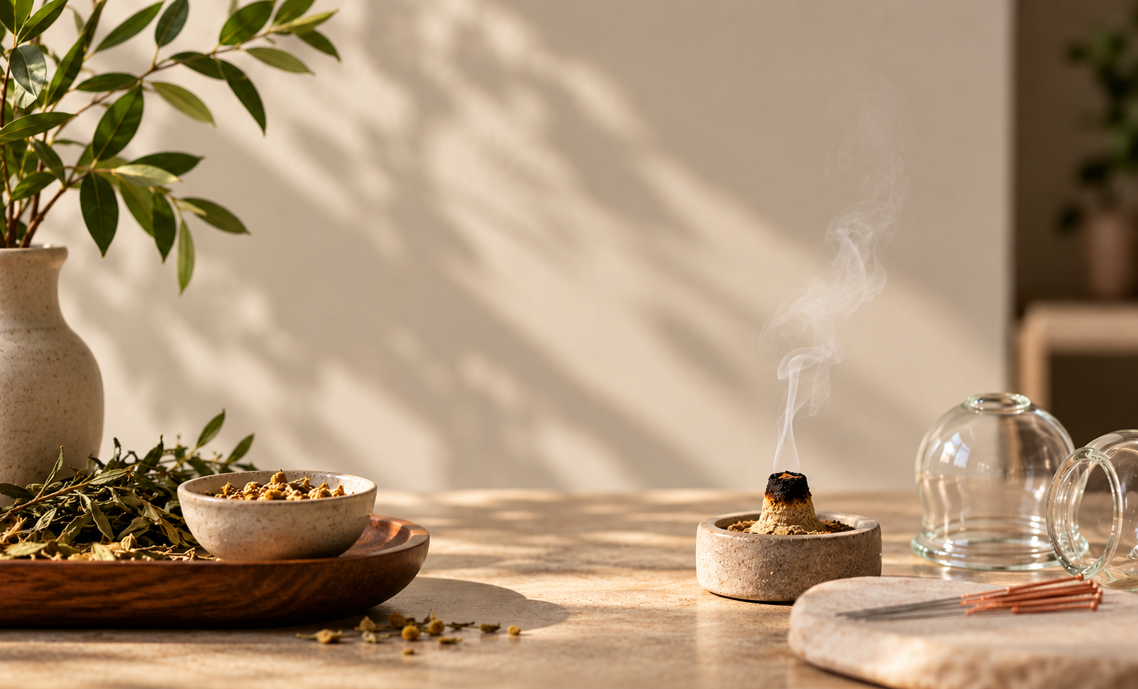 Spa-inspired still life with smoking incense cone, dried herbs, ceramic bowls, glass jars, and a potted plant on a sunlit table