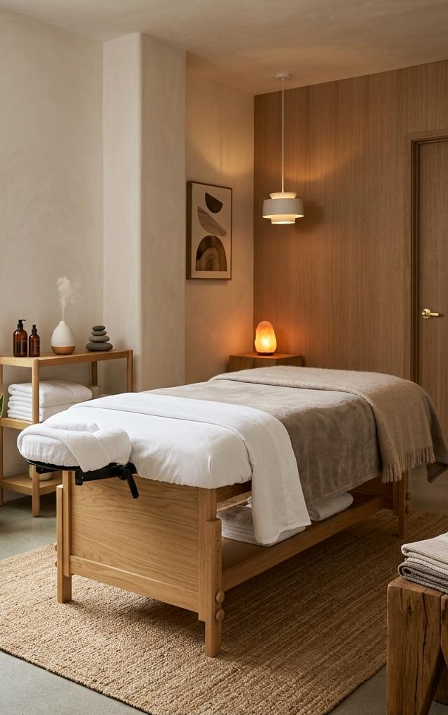 Cozy spa treatment room with a wooden massage table, white linens, pendant light, salt lamp, towels, and minimalist decor