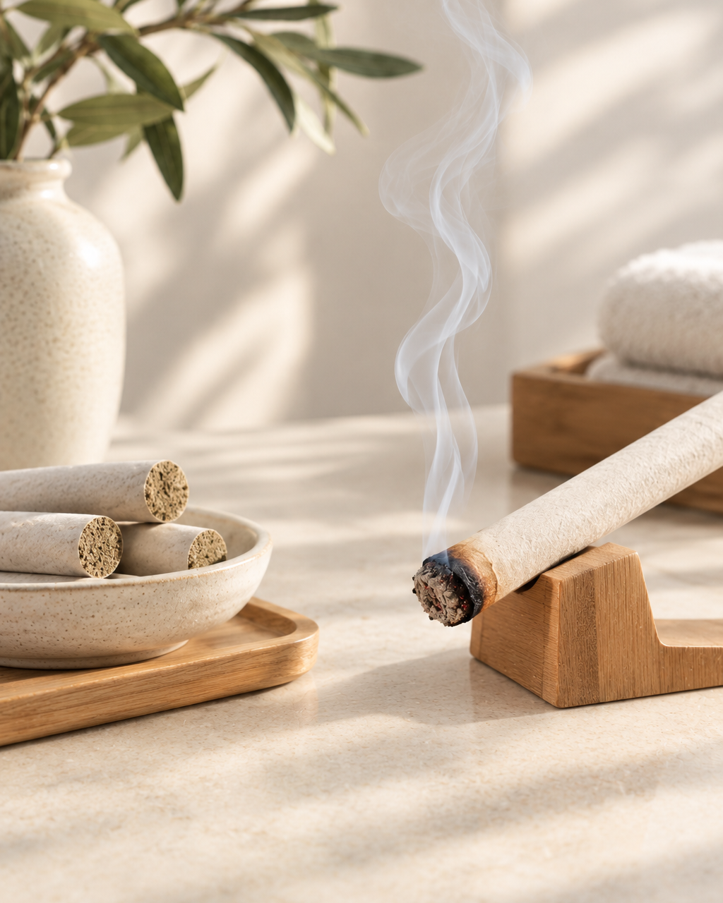 Smoking cigar resting on a wooden holder beside ceramic bowls of unlit cigars in a sunlit room