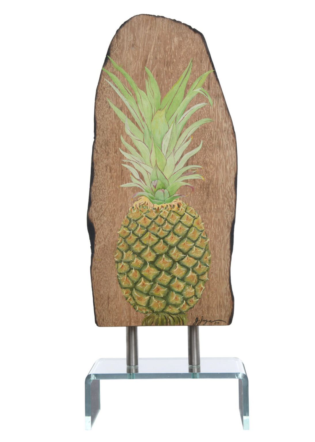 Painting of a pineapple on a wooden board.