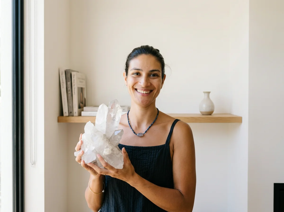 A woman smiling and holding a cluster of large clear quartz crystals in her hands.