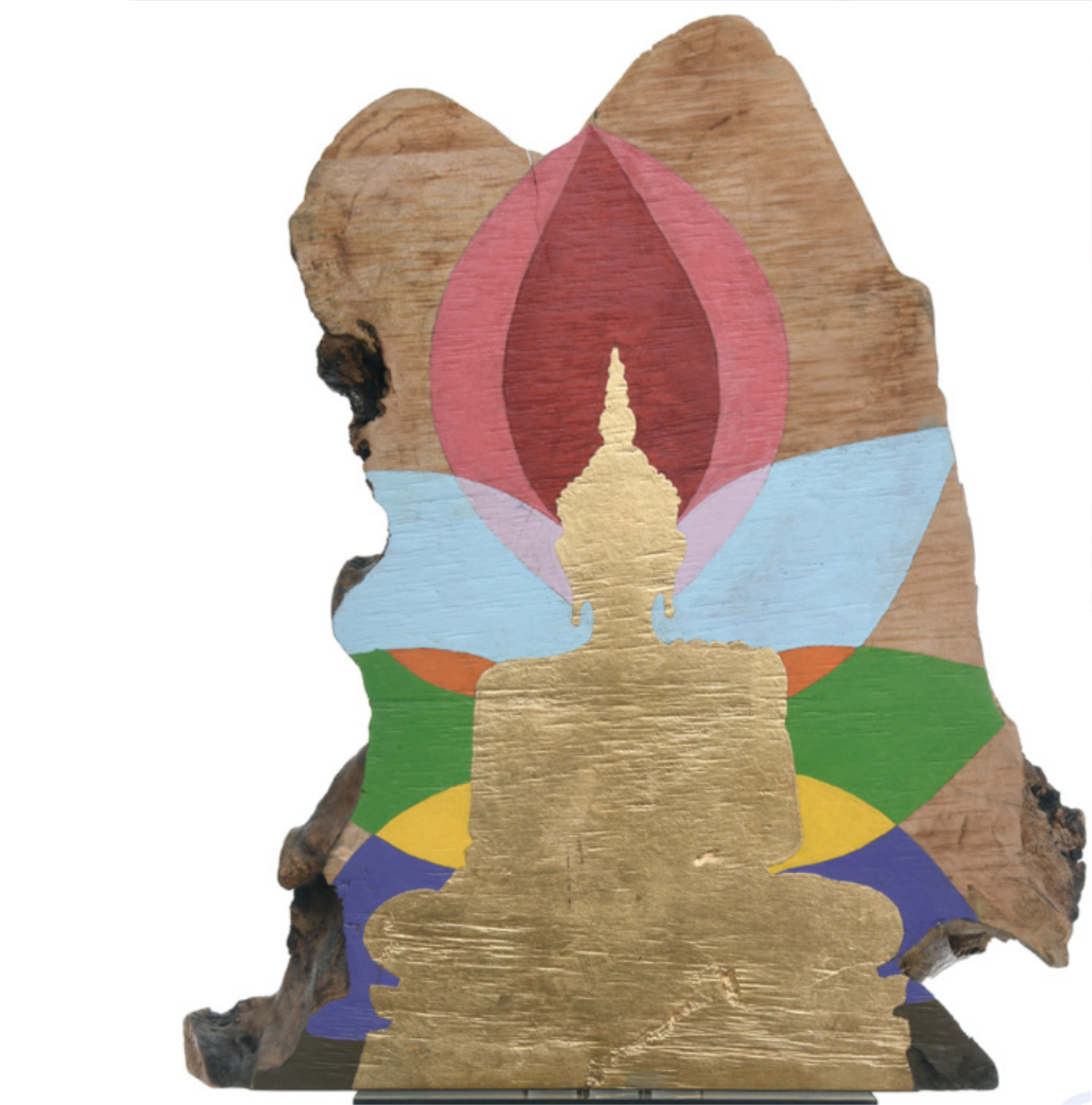 Decorative wooden piece painted with colorful patterns featuring a buddha figure silhouette, in multiple layers of colors including red, pink, yellow, green, blue, and purple.