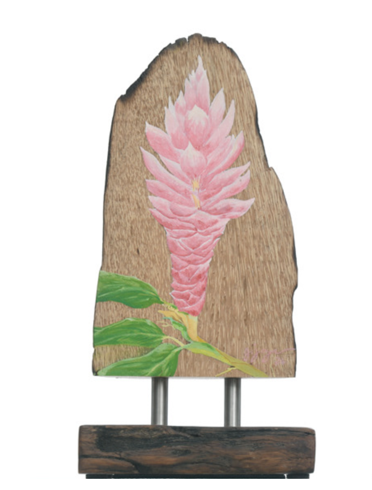 Wooden signboard with a painted pink ginger flower and green leaves.