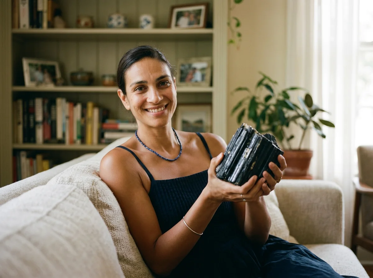 A smiling woman sitting on a beige couch holding a stack of black and silver objects, with a living room background including bookshelves and a potted plant.