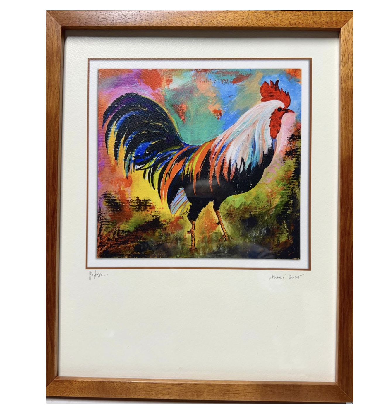 Colorful painting of a rooster with vibrant feathers in a blend of orange, red, blue, yellow, and black, set against an abstract background of green, blue, pink, and orange, framed in wood.