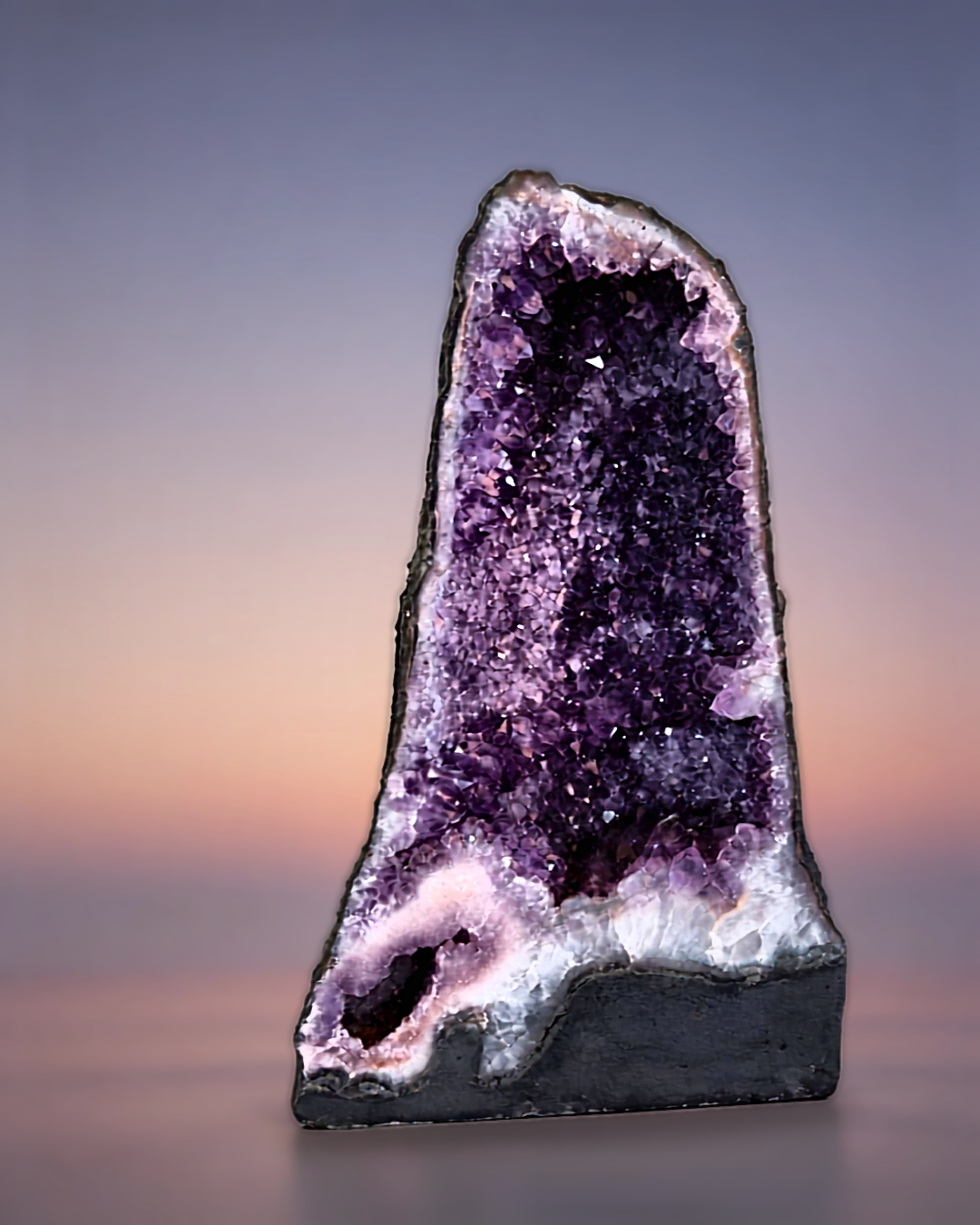 A purple geode mineral specimen with a rough black exterior and a sparkling interior filled with purple crystals, set against a blurred pastel-colored background.