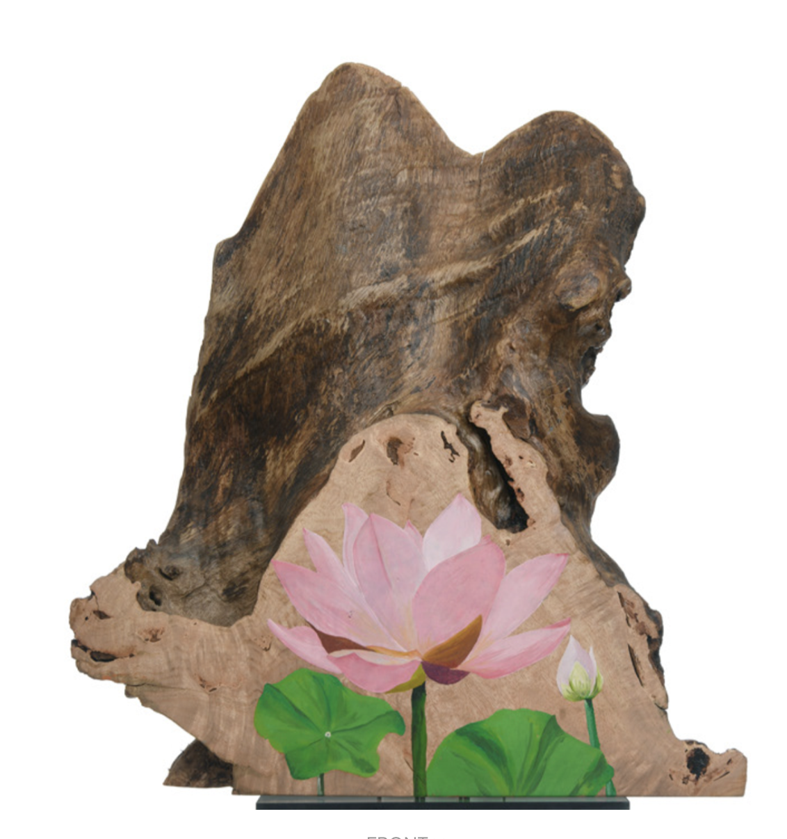 Decorative wooden piece with a painted pink lotus flower, green leaves, and a lotus bud on the bottom.
