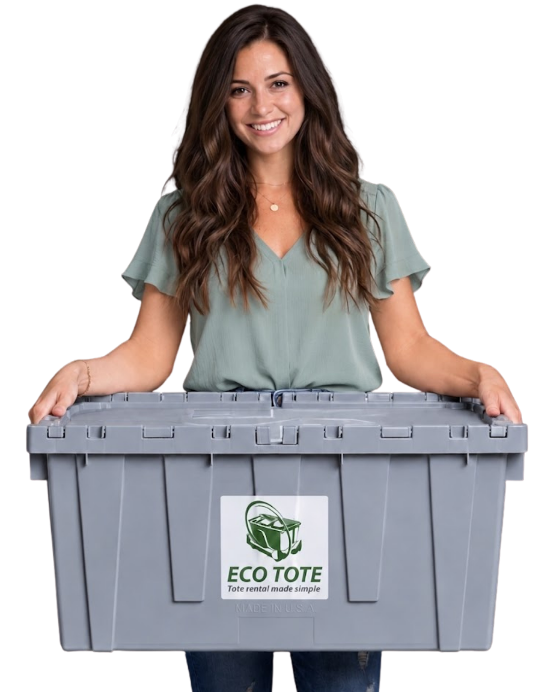 Woman smiling holding large gray eco tote made from recycled materials with a logo and text promoting eco-friendly tote rentals.