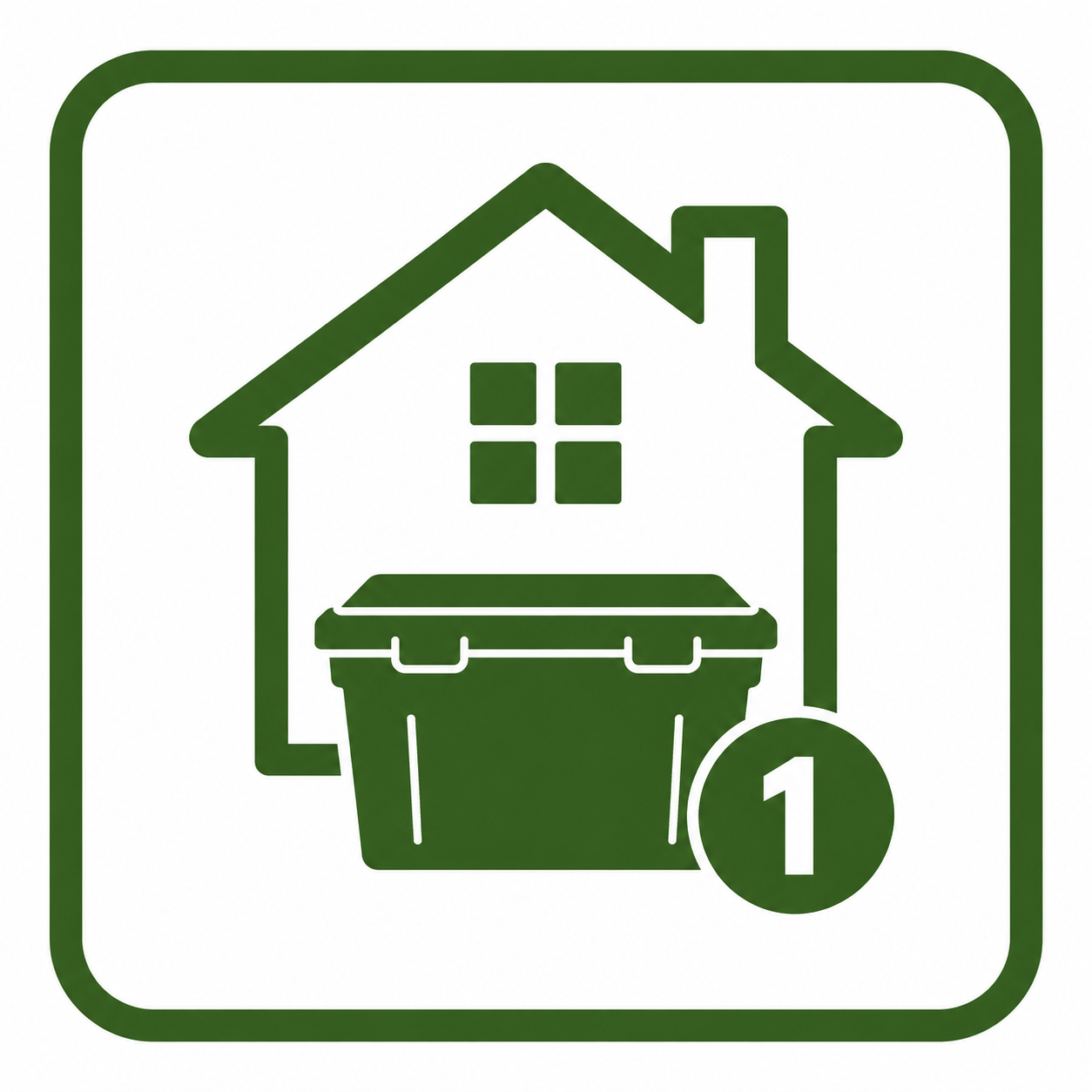 House outline with a trash bin in front, and a circle with the number 1 in the bottom right corner, all in green.