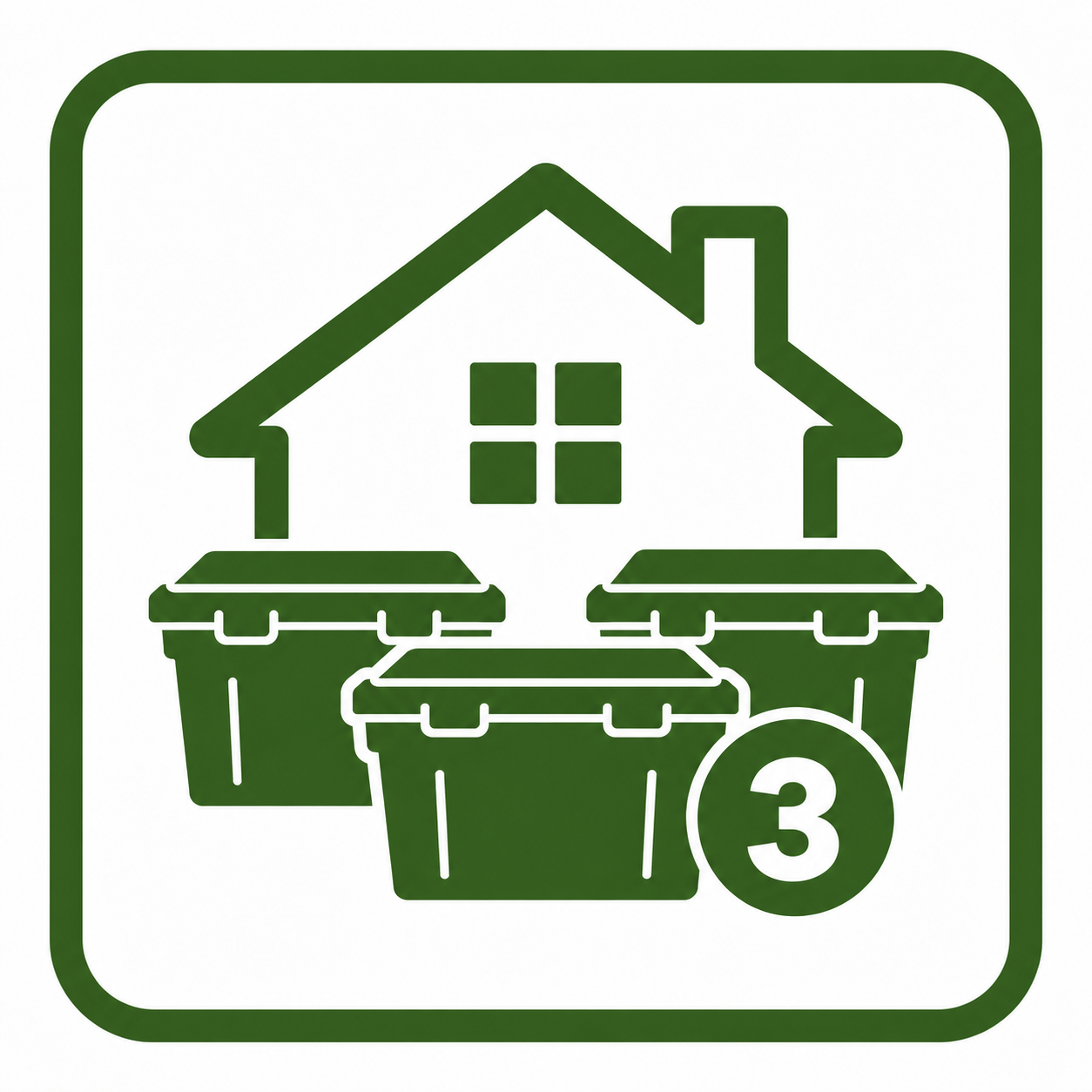 Recycling bin symbols indicating three items for recycling, with a house and a window in the background.