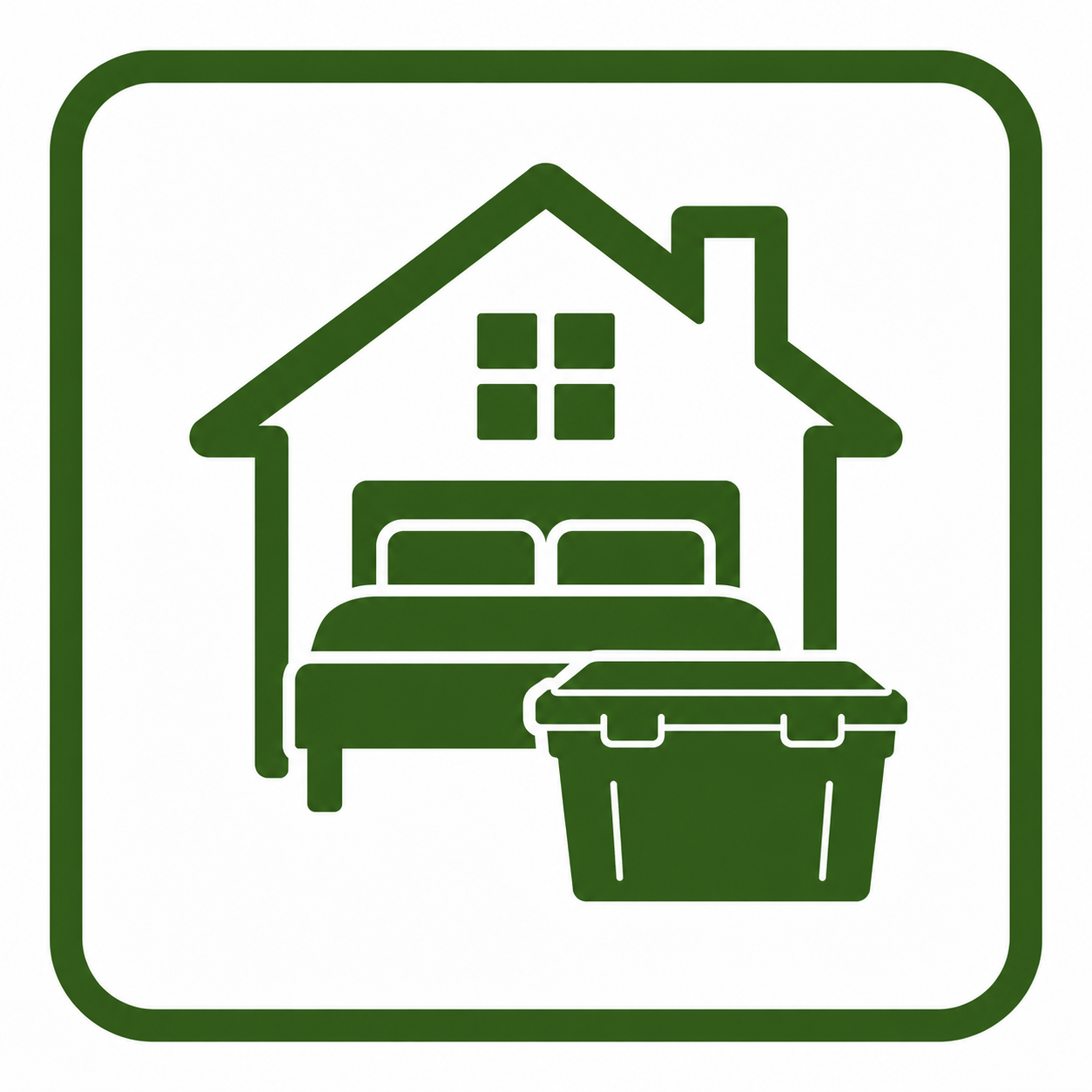 Green icon of a house with a bed inside, a window above the bed, a chimney, and a garbage bin outside.