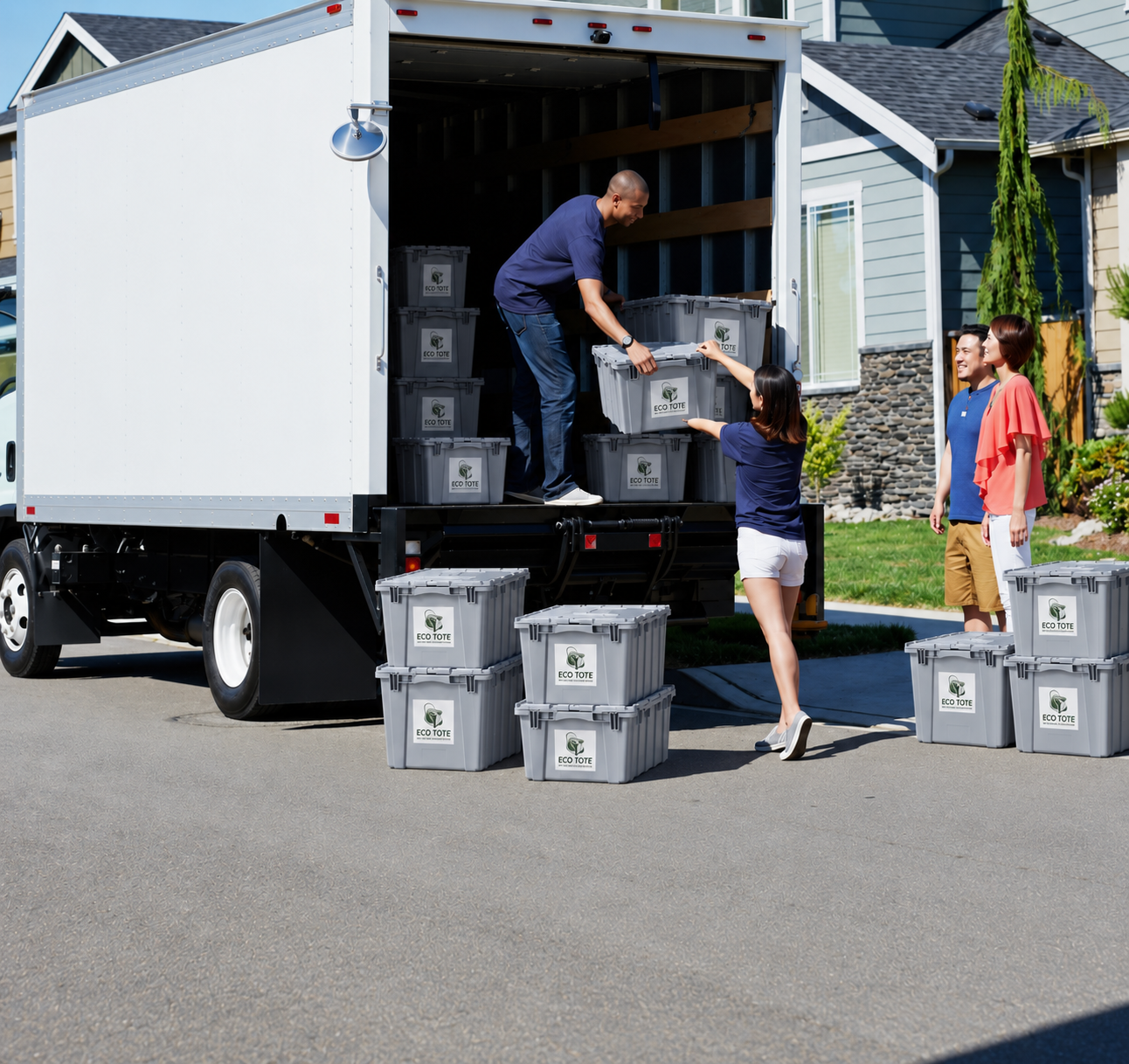 People unloading eco-friendly storage bins from a moving truck outside a residential house on a sunny day.