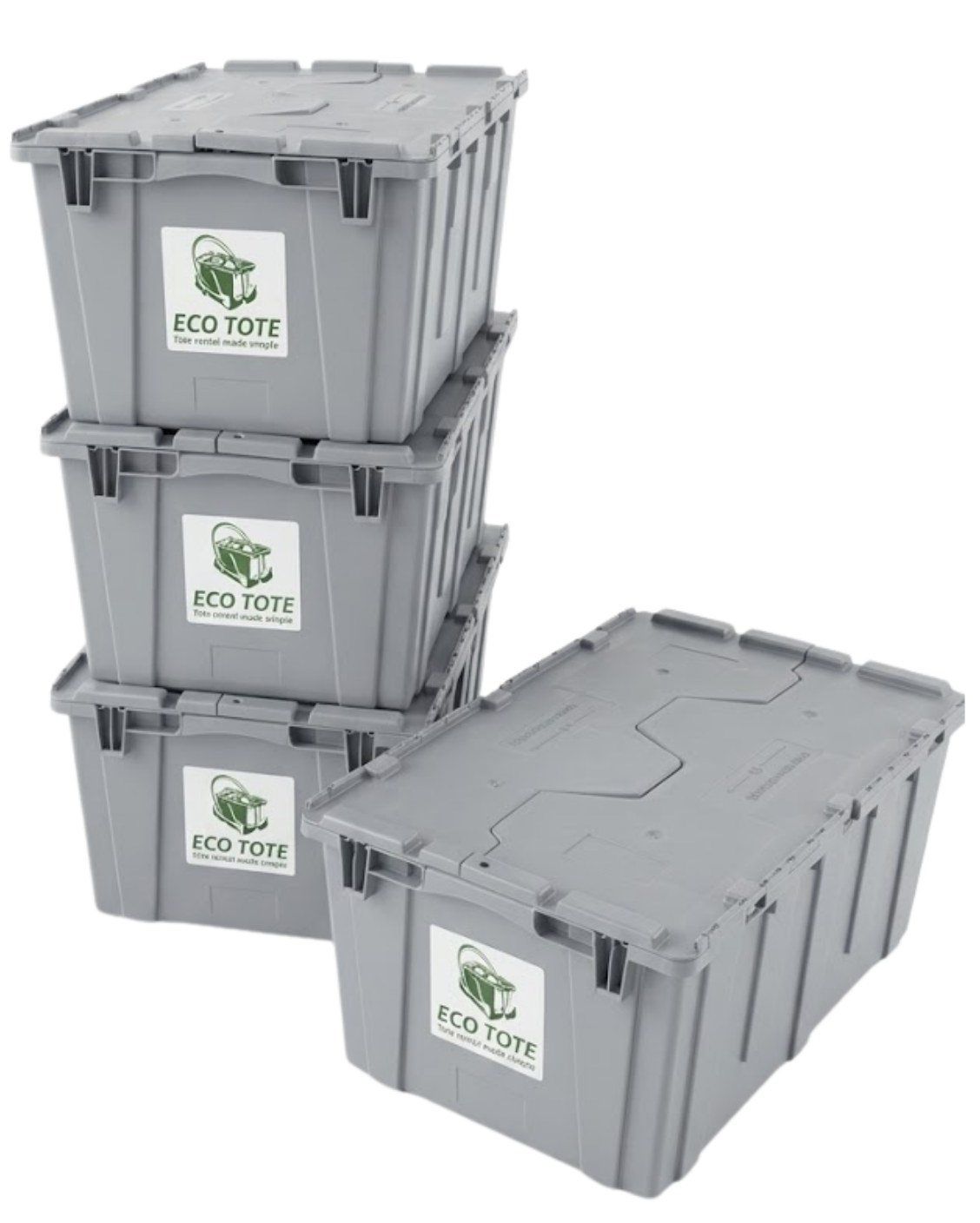 Three gray Eco Totes stacked with one open, displaying their lids, eco-friendly labels showing a truck with a recycling symbol.