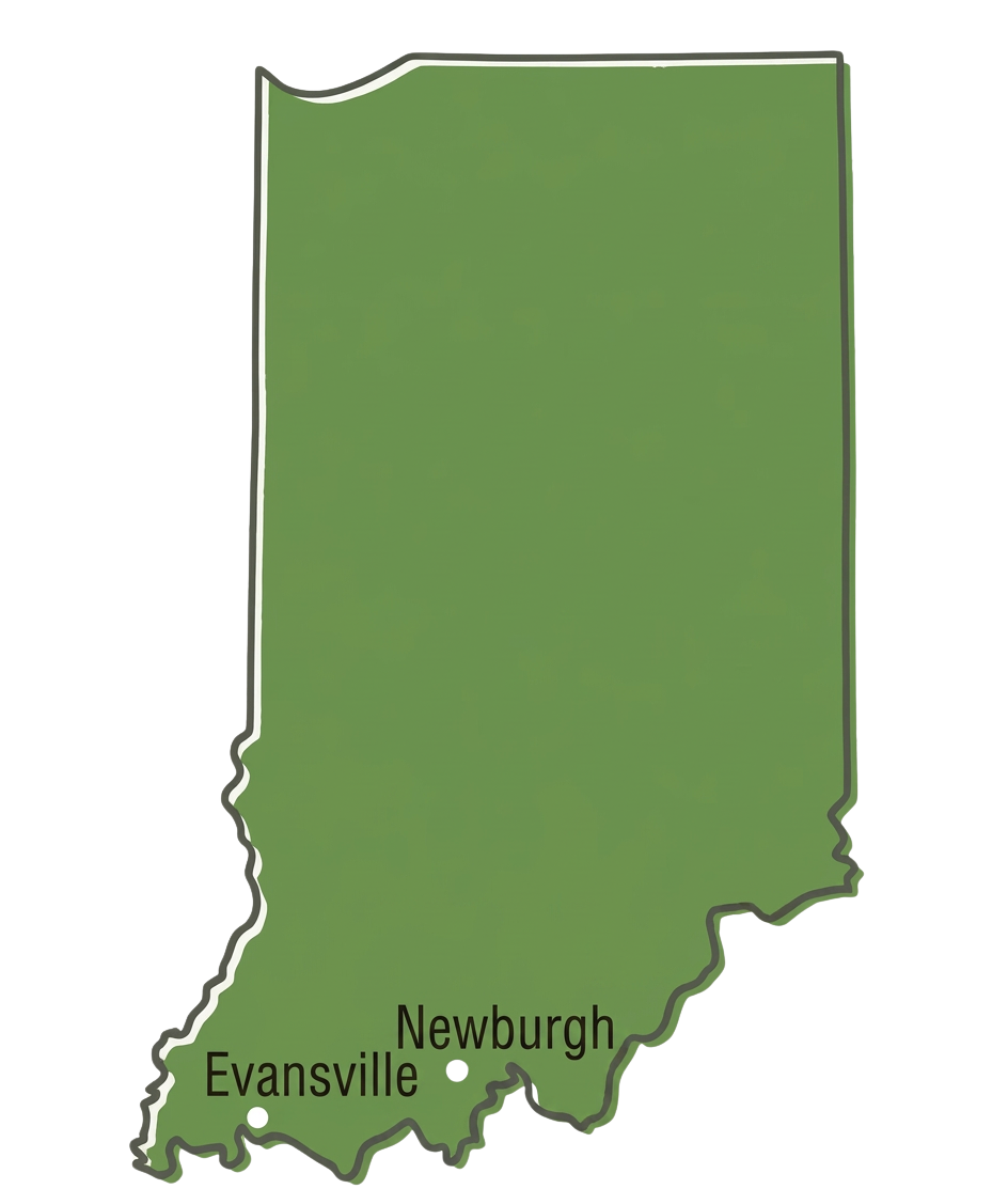 Map of Indiana showing cities Evansville, Newburgh, and Newburgh.