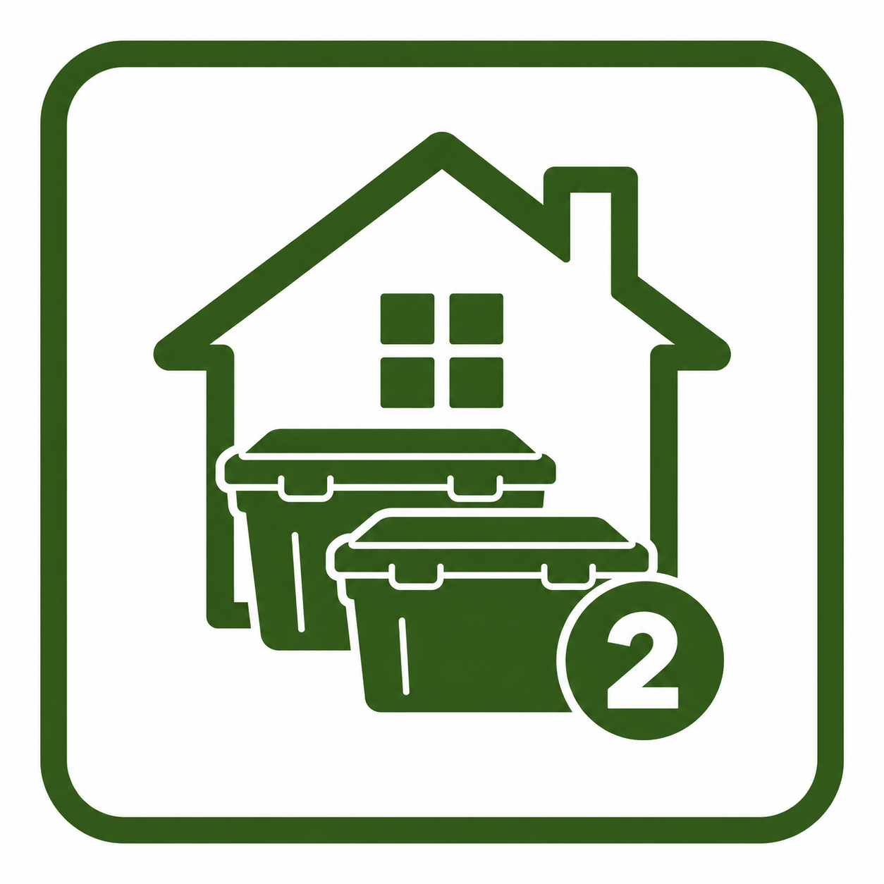 Recycling bin symbol with a house outline, two trash bins, and a number 2 in a circle