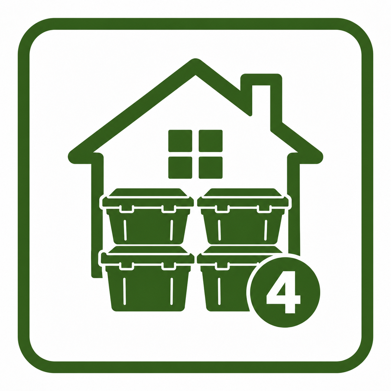 A recycling symbol with a house outline, four trash bins stacked, and the number four inside a circle.