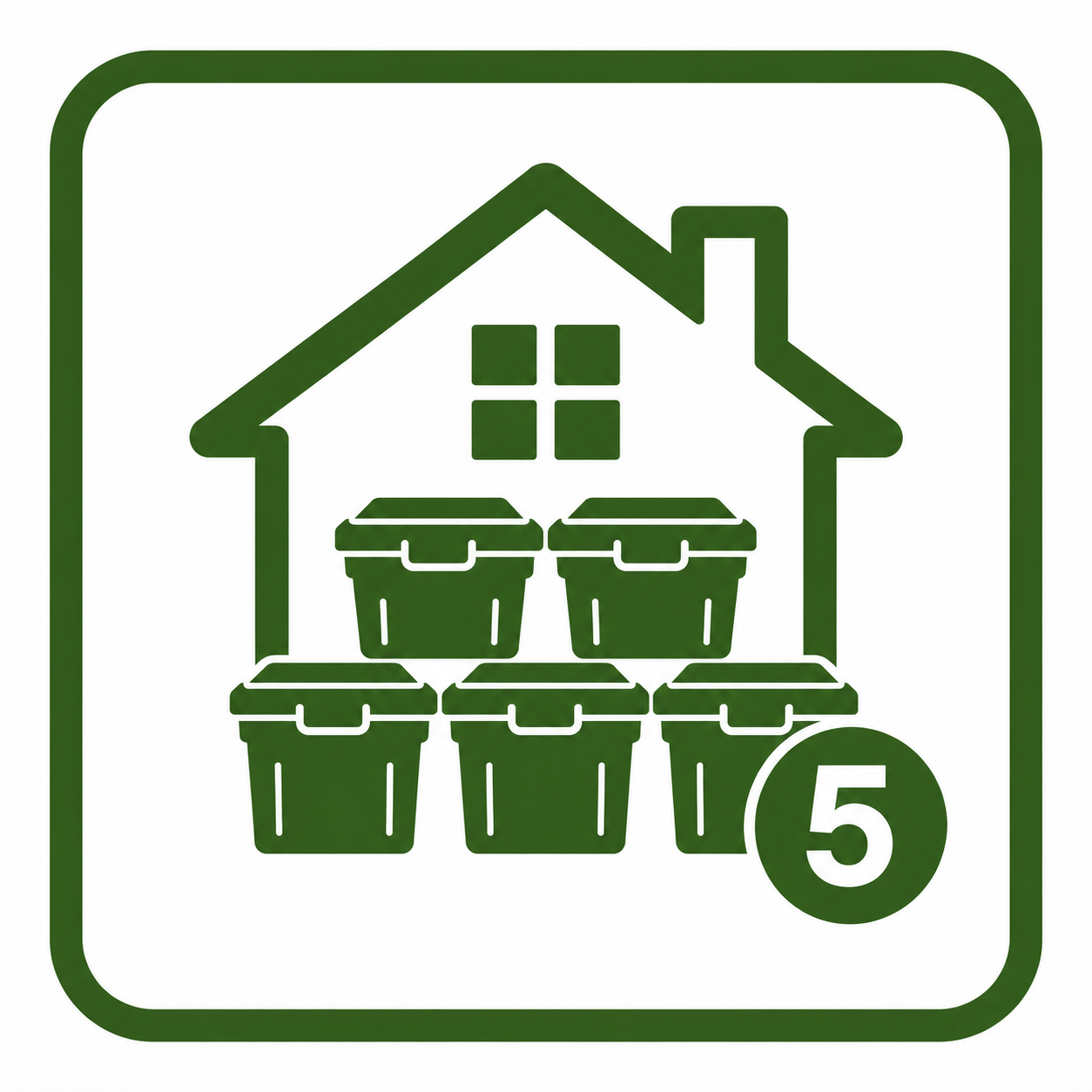 Green recycling sign showing a house outline with six trash bins and the number 5 in the bottom right corner.