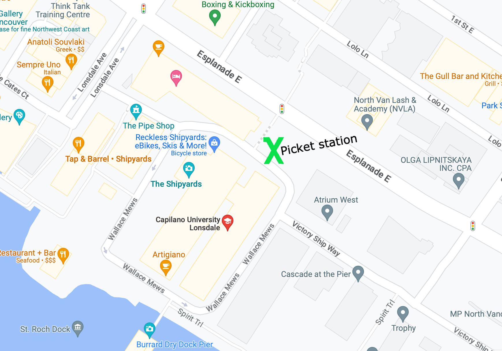 Map of the Shipyards campus, showing picket location on Victory Ship Way.