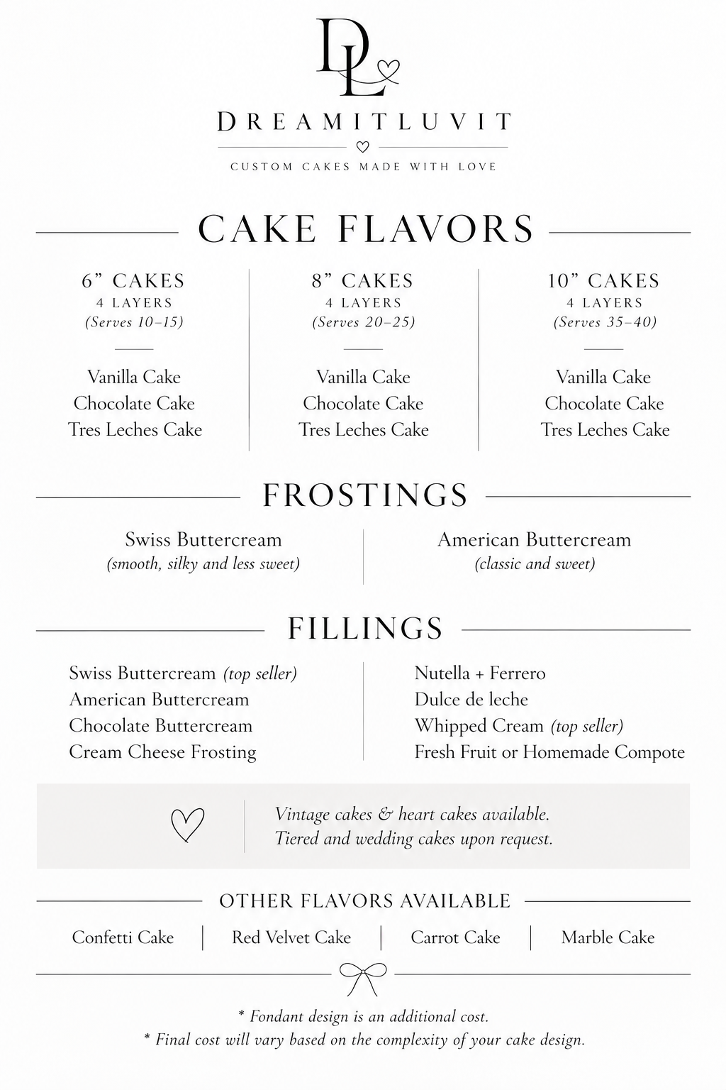 Menu from Dreamitluvit bakery listing cake flavors, frostings, and fillings, with options for different cake sizes and customizable tiers, and additional flavors available.