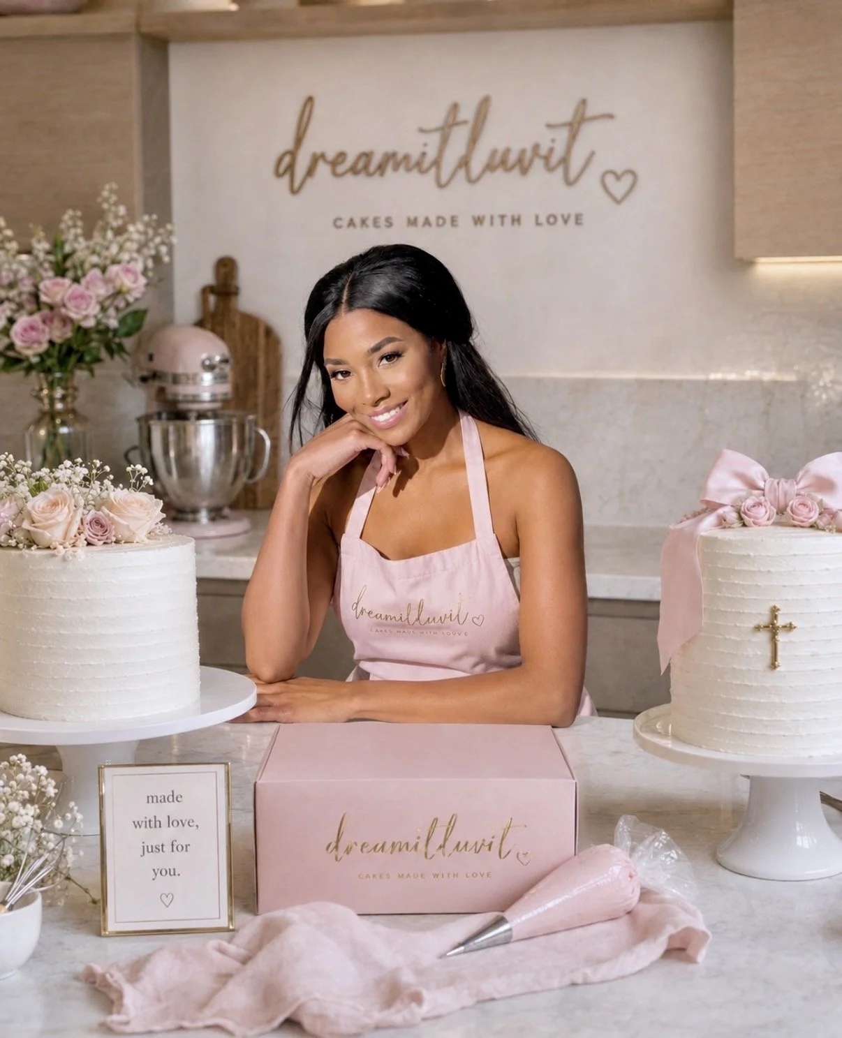 A woman in a pink apron sitting at a bakery counter with two decorated cakes, pink flowers, and baking supplies around her, in a bakery with a sign that says 'dreamiluvit' and 'cakes made with love' in the background.