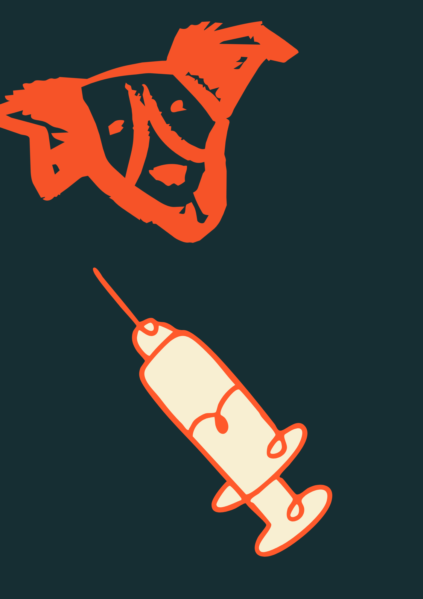 Ilustración minimalista de una mano con un guante sosteniendo una jeringa que inyecta en un cerebro representado en estilo de dibujo simplificado.