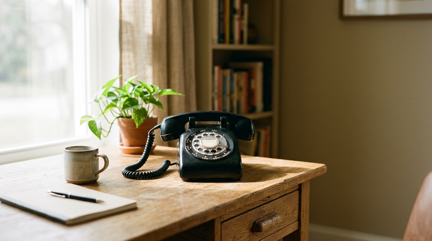 A vintage black rotary dial telephone on a wooden desk, accompanied by a notebook and pen, a beige mug, and a potted plant, with a bookshelf in the background.