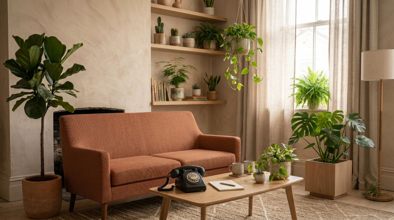 Living room with pink sofa, wooden coffee table, various potted houseplants, books on a wall shelf, and a lamp near window with beige curtains.