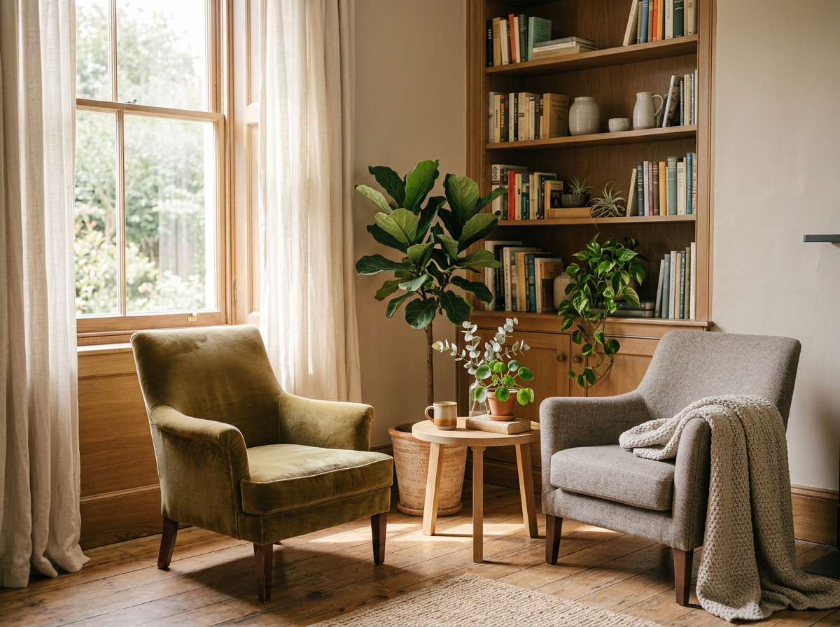 A cozy corner of a living room with two armchairs, one green and one gray, facing each other. A small wooden table with plants and a cup is between the chairs. A large window with beige curtains lets in natural light. A wooden bookshelf filled with books and decorative objects is behind the chairs.